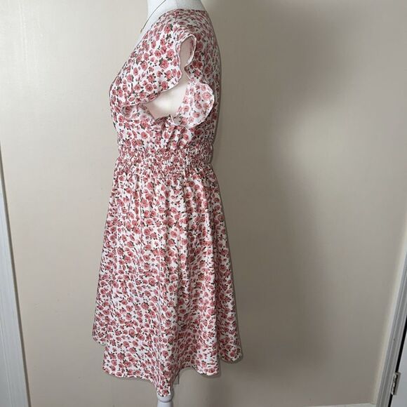 SHEIN M White Pink Rose Floral Faux Wrap Flutter Sleeve A-Line Dress - Picture 11 of 14